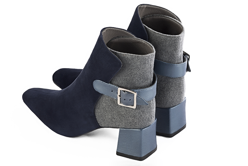 Women's navy blue, ash grey and prussian blue elegant ankle boots, with buckles at the back. Square toe. Medium block heels - Rear view